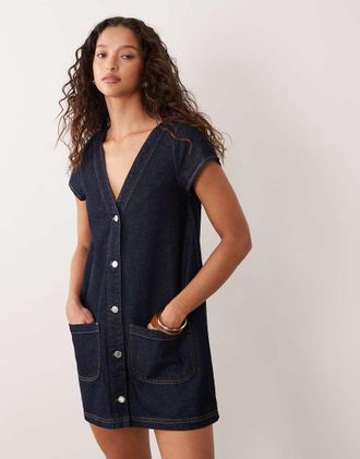 Miss Selfridge Vestito corto a maniche corte con bottoni-Blu