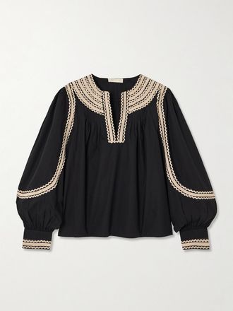 Ulla Johnson Blusa In Popeline Di Cotone Con Finiture In Gros-grain E A Zig-zag Laurenza - Nero