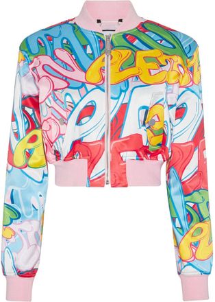 Philipp Plein graffiti-logo cropped satin bomber jacket - women - Cotton/Polyester/Viscose/Elastane/Polyester - S - Pink