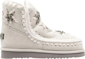 Mou Lichtgrijze Platte Schoenen met Geborduurde Sterren - Dames - Winterlaarzen - Grijs - 39 EU - Leer - Schoenen
