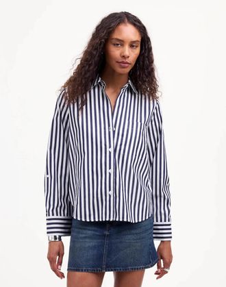 Madewell Easy Y-Neck Shirt Womens Dark Midnight Striped Button-Up GBO1935