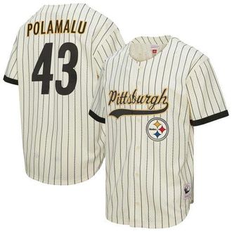 Mitchell & Ness Mens Mitchell & Ness Troy Polamalu Cream Pittsburgh Steelers Name & Number Mesh Button-Up Baseball Jersey at Nordstrom, Size Small