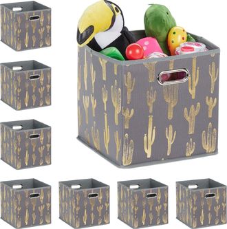 Relaxdays 8x Cestos Almacenamiento Plegable, Cuadrado, 29x28,5x28,5 Cm, Estante, Caja Organizadora Sin Tapa, Gris Y Dorado