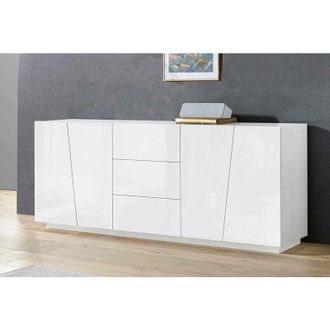 Dmora Aparador Dmicill, Aparador De Cocina Con 4 Puertas Y 3 Cajones, Buffet De Sal&oacute;n, 100% Made In Italy, Cm 220x43h86, Blanco Brillo - Dmora