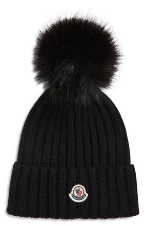 Moncler Wool Rib Beanie with Faux Fur Pompom in Black at Nordstrom