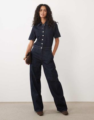 Mango tuta corta in denim a maniche corte con chiusura a bottoni, indaco-Blu