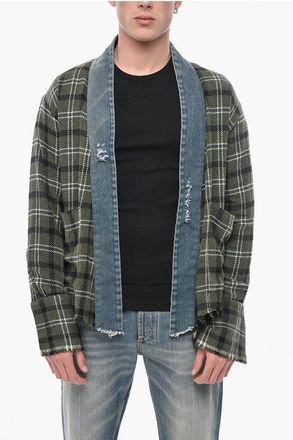 Greg Lauren Open-Front Overshirt in Vintage-Effect Check size M