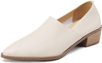 Generic Womens Pointed Toe Classic Loafers Faux Leather Slip-On Pumps Low Chunky Heel Lightweight Padded Insole Non Slip Durable Dress Shoes,White,5.5 UK