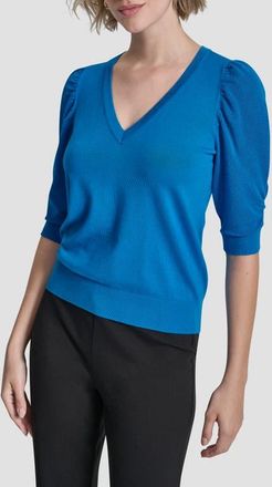 DKNY Puff Sleeve V-Neck Sweater in Ocean Blue at Nordstrom, Size X-Small