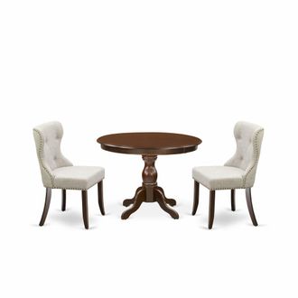 East West Furniture 3 Piece Table Set - Mahogany Wood Table and 2 Doeskin Linen Fabric Kitchen Chairs Button Tufted Back with Nail Heads