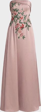 Mac Duggal Floral Beaded Satin Strapless Gown