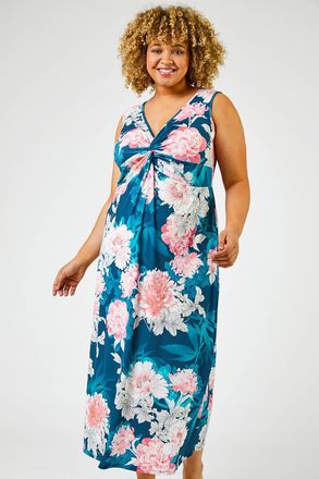Roman Floral Print Twist Ruched Midi Dress