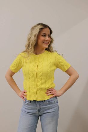 Entro Cable Knit Short Sleeve Button Front Knit Cardigan In Lemon Yellow