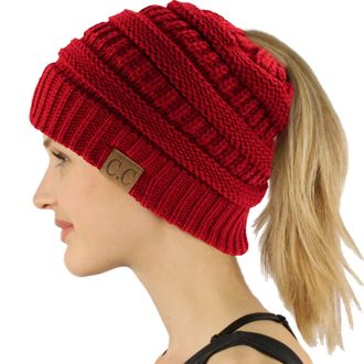 C.C Exclusives Soft Stretch Cable Knit Messy Bun Ponytail Beanie Winter Hat for Women (MB-20A), Solid Red, One Size