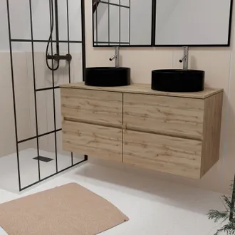 Aurlane Aurlane - Mueble De Ba&ntilde;o 120cm 4 Cajones Roble Natural + 2 Lavabos Negros &Oslash;41cm