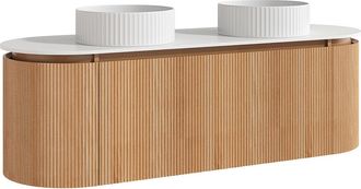 Vente-Unique Mueble de ba&ntilde;o suspendido estriado con doble lavabo sobre encimera redondo estriado - Natural claro - An. 150 cm - LILIKO