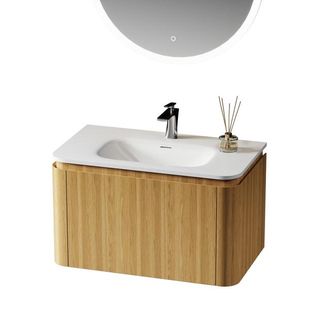 Saniclass Terra Badkamermeubelset - 80cm - 2 lades - solid surface wastafel - 1 wasbak - 1 kraangat - afgeronde hoeken - sandwood (Licht eiken)