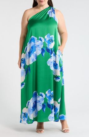 Sugarlips Glena Floral One Shoulder Maxi Dress in Green-Blues at Nordstrom, Size 1 X