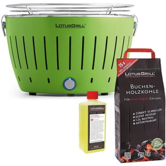 Lotus Grill Barbecue Verde con Batterie e Cavo di Alimentazione USB + 2.5Kg di Carbonella di Faggio + Gel Combustibile 500ml -Lotus Grill