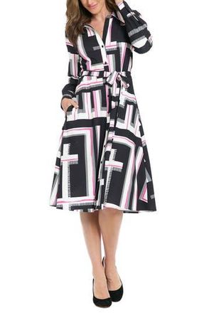 London Times Tie Waist Long Sleeve Shirtdress in Black/O Pink at Nordstrom Rack, Size 12P