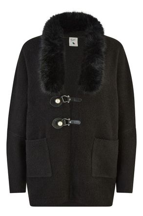 Yumi Black Cardigan with Detachable Fur Collar Trim (UK, Alpha, M, L, Regular, Regular, Black)