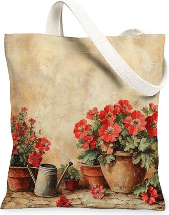 Generic Spring Farmhouse Geranium Canvas Tote Bag for Shopping 13x15, Rustic Vintage Floral Reusable Grocery Print Bag for Women, Country Flower Beach Aesthet