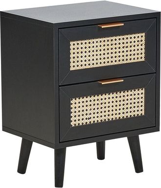 Beliani Beliani - Bedside Table 2 Drawer Rattan Fronts mdf Black Rubberwood Legs Boho Style Nightstand Boho Bedroom Black Opoco