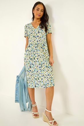 Roman Floral V-Neck Stretch Dress