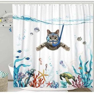 OEM Cortina De Ducha De 180 X 180 Cm, Estampado De Gatos Marinos, Impermeable, Lavable, Antideslizante, De Secado R&aacute;pido, De Poli&eacute;ster, Accesorio De Ba&ntilde;o 