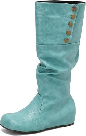 Generic Womens Wedge Heel Knee High Boot Round Toe PU Leather Long Boots Pull on Slouch Boot with Button,Green,10.5 UK