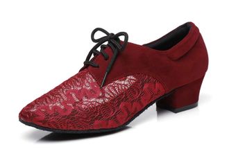 Minitoo Womens Dancing Shoes Mesh Lace-up Low Heel Evening Prom Pumps L292 Burgundy 4cm Heel UK 7