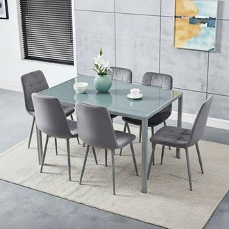 Kosy Koala Grey Glass Dining Table set with 6 Grey velvet chairs Furniture | Size: 120 cm x 70 cm