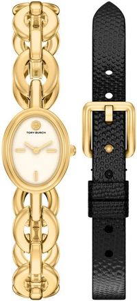 Tory Burch The Small Oval Watch Gift Set, 18mm x 23mm in Gold /Black at Nordstrom