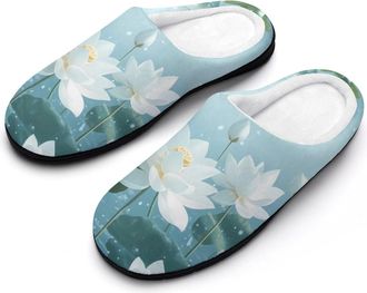 Generic White Lotuses Flowers Mens Slippers Comfortable And Non-slip Cotton Slipper Shoe for House