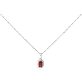 House of Brilliance 10K White Gold 5x3mm Birthstone and Diamond Accent Halo Octagonal Shape Pendant Necklace in Red Garnet | White at Nordstrom