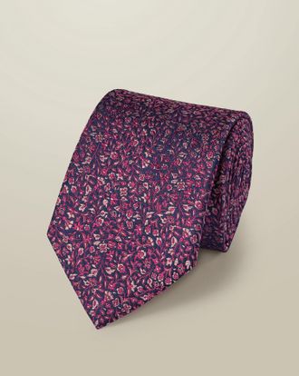 CHARLES TYRWHITT Silk Floral Tie - Royal Blue & Pink Size OSFA by Charles Tyrwhitt