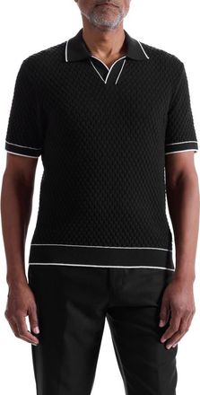 Bugatchi Johnny Collar Basket Stitch Cotton Blend Polo Sweater in Black at Nordstrom, Size Xx-Large