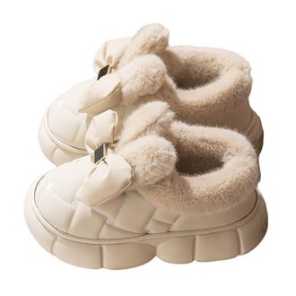 Generic Slippers Women Womens Winter Fashion Bow Wrapped Feet Cozy Clogs Warm Comfortable Leather Upper For Her Cozy House Slippers(Beige, 3.5)