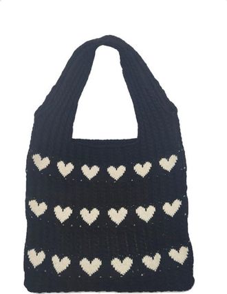 Generic Crochet Tote Bag for Women Aesthetic Heart Graphic Tote Bag Knit Cute Handbag Summer Vacation Beach Bag, Black