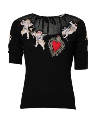 Dolce & Gabbana Womens Black Sacred Heart Embroidered Crewneck Top Virgin Wool Silk
