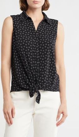 Adrianna Papell Tie Hem Button-Up Shirt in Black Small Daisy at Nordstrom Rack, Size X-Large