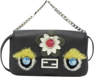 Fendi Pre-owned Shoulder Bags, female, Black, Size: ONE SIZE Pre-owned BAG Bugs Micro Baguette Lamb Shoulder Bag
