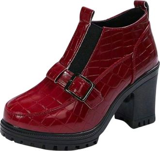 Generic Red Ladies Everyday Fashion Patterned Round Toe Shallow Mouth Loafer Shoes Thick Heel High Heels for Versatile Outings