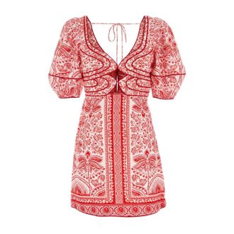 Farm Rio FARM Rio, Short Dresses, female, Multicolor, Size: M Embroidered Linen Mini Dress