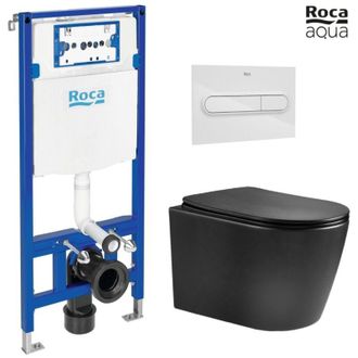 Roca Roca - Bastidor Duplo Pack Cisterna Empotrada Y Pulsador Pl1 Blanco Br Con Inodoro Suspendido Nebula Black Mate Rimless
