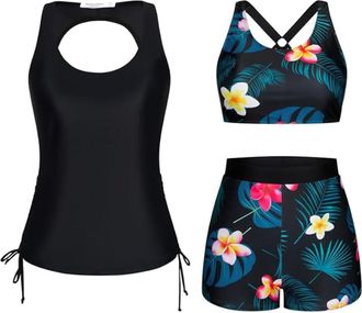 Generic Swimsuit with Shorts 3 Piece Tankini Swimsuit for Women Tank Top with Bikini Top Boyshort Set Waisted Swimming Costume Modest Swimwear Tankini Sets fo