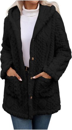 Generic Ladies Fleece Jacket Sherpa Warm Fluffy Thicken Button Down Winter Hooded Coats Soft Cozy Long Sleeve Thermal Plush Outwears with Pockets