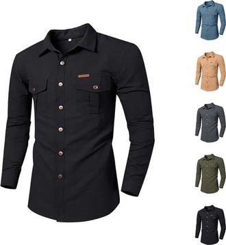 Generic Mens Cargo Shirts Long Sleeve Safari Light Weight Long Sleeve Mens Cotton Shirts Slim Fit Outdoor Shirt Army Combat Shirt Roll Up Sleeves Tactical Top