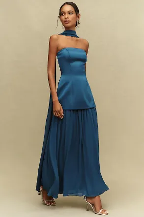 Mare Mare Natalie Strapless Stretch Satin Chiffon Maxi Dress