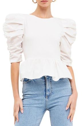 English Factory Pleated Puff Sleeve Peplum Blouse in White at Nordstrom, Size X-Small